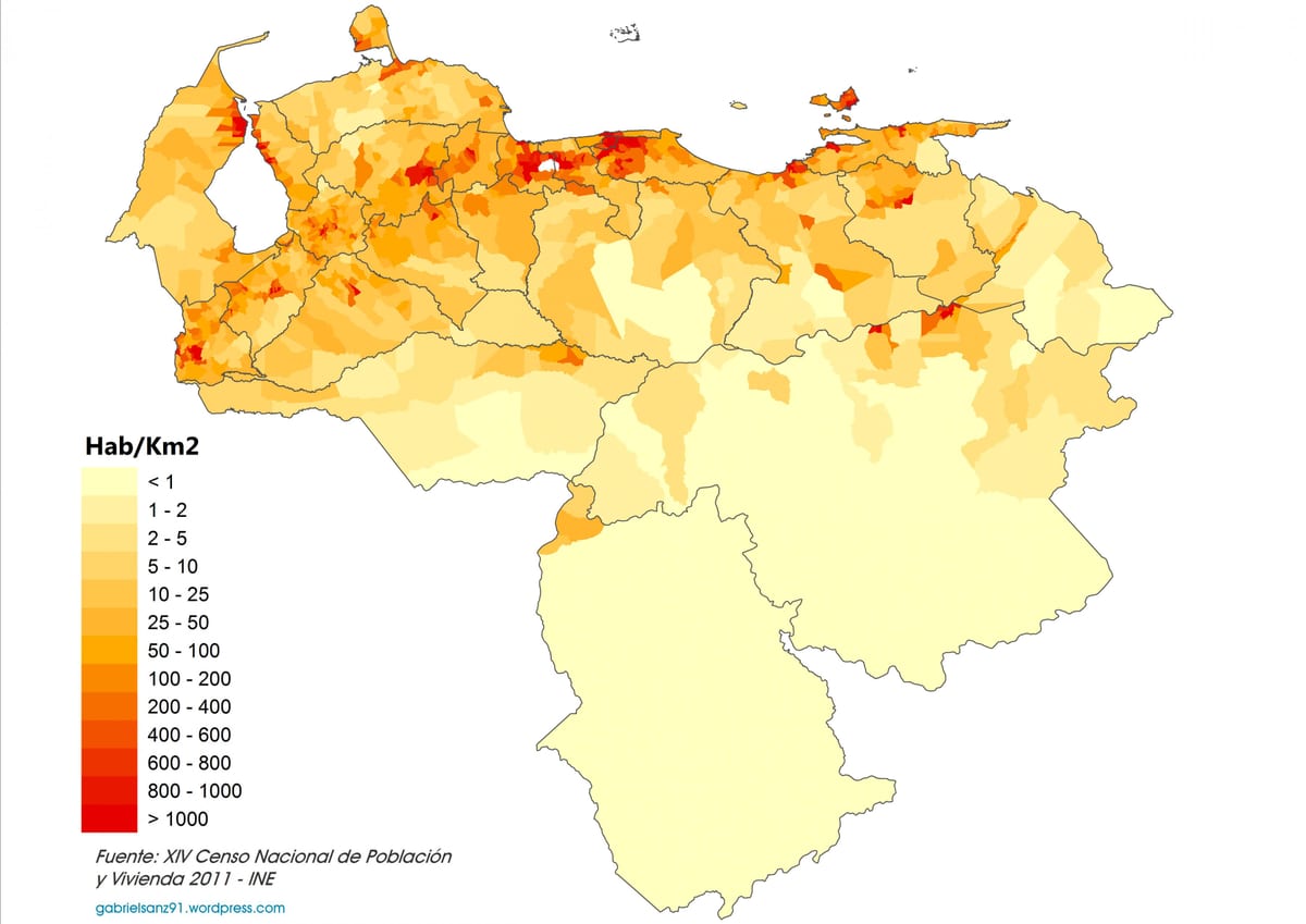 venezuela mapa hustota obyvatel
